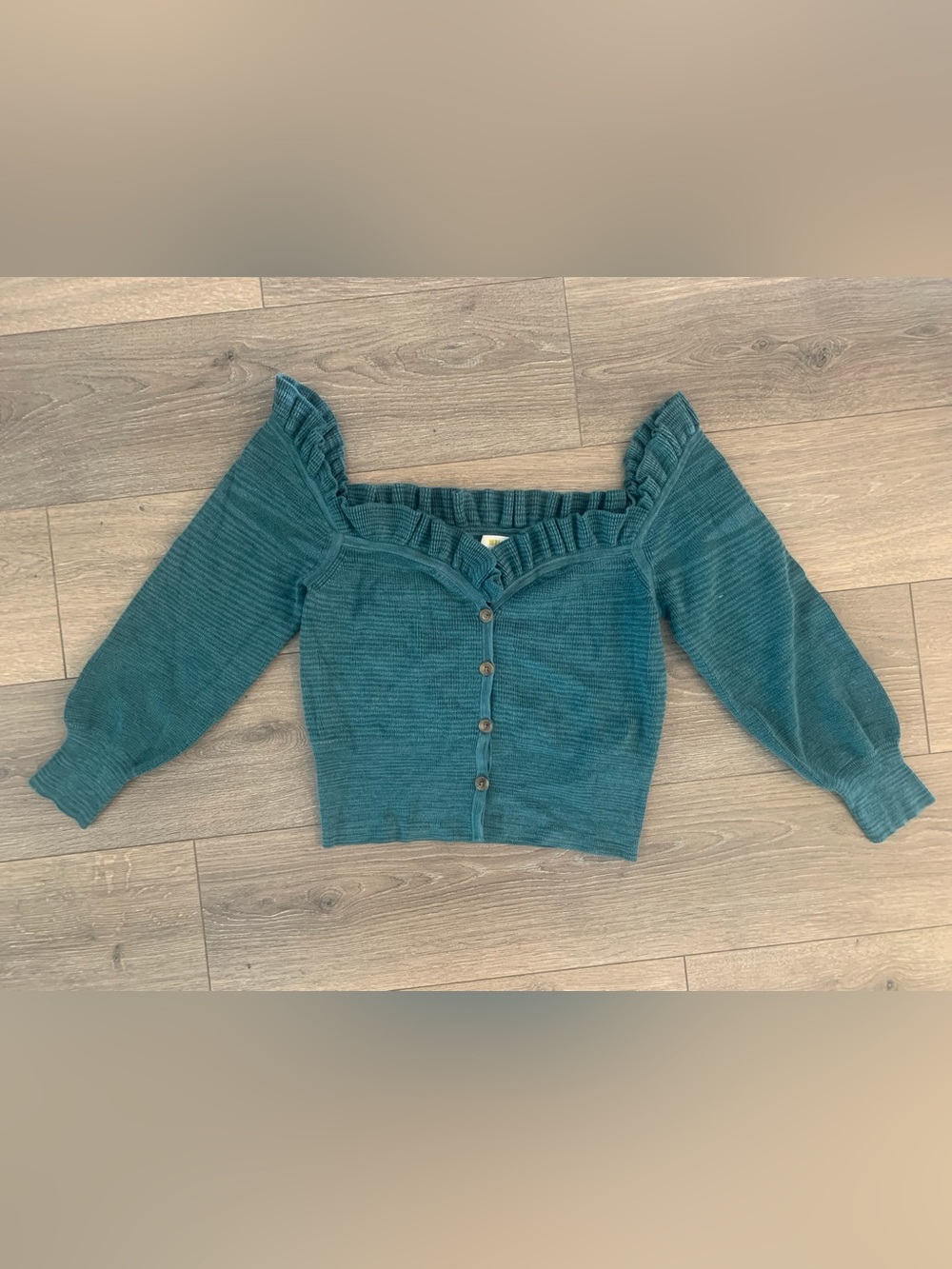 Maeve Anthropologie Dark Teal Ruffled Sweetheart Long Sleeve Button Sweater Top